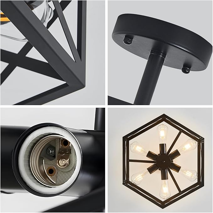 Modern Semi Flush Mount Ceiling Light,19.7" 6-Light Hexagon Flush Mount Ceiling Lights for Dining Room Light Fixture,Farmhouse Black Metal Kitchen Island Lighting Fixtures for Hallway,Bathroom