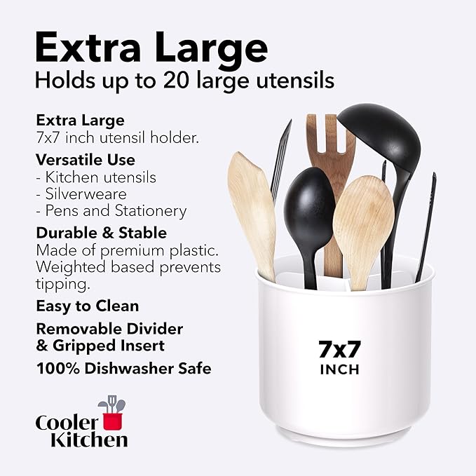 Rotating Extra Large White Plastic Utensil Holder Caddy with Sturdy No-Tip Weighted Base, Removable Divider, and Gripped Insert - Dishwasher Safe Kitchen Utensil Holder for Countertop