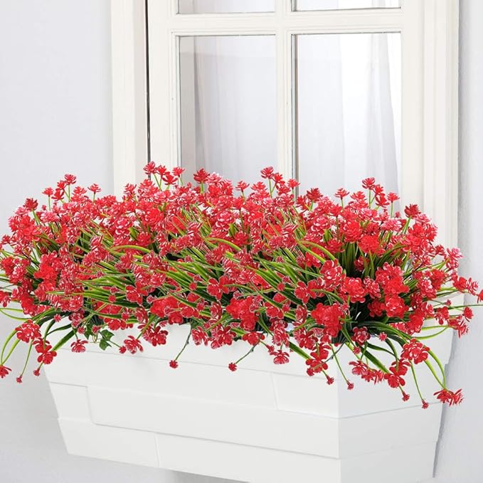 Artificial Flowers, 20 Bundles Outdoor Fake Flowers for Decoration UV Resistant Faux Plastic Plants Garden Porch Window Box Décor(Red)