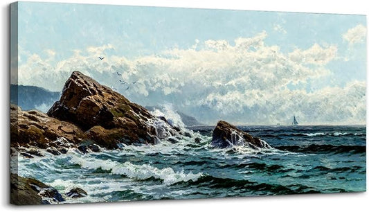 crmotu Large Wall Art for Living Room, Coastal Landscape Retro Canvas Painting, Ocean Waves Vintage Decor Art Prints, Blue Nautical Scenery Bedroom Bathroom Home Office Pictures Wall Decor 30"X60"