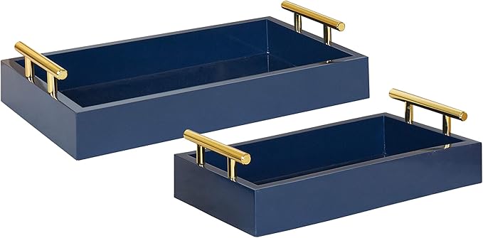 Kate and Laurel Lipton Modern Tray Set, Set of 2, Navy Blue and Gold, Glam Decorative Trays for Storage and Display
