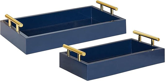 Kate and Laurel Lipton Modern Tray Set, Set of 2, Navy Blue and Gold, Glam Decorative Trays for Storage and Display