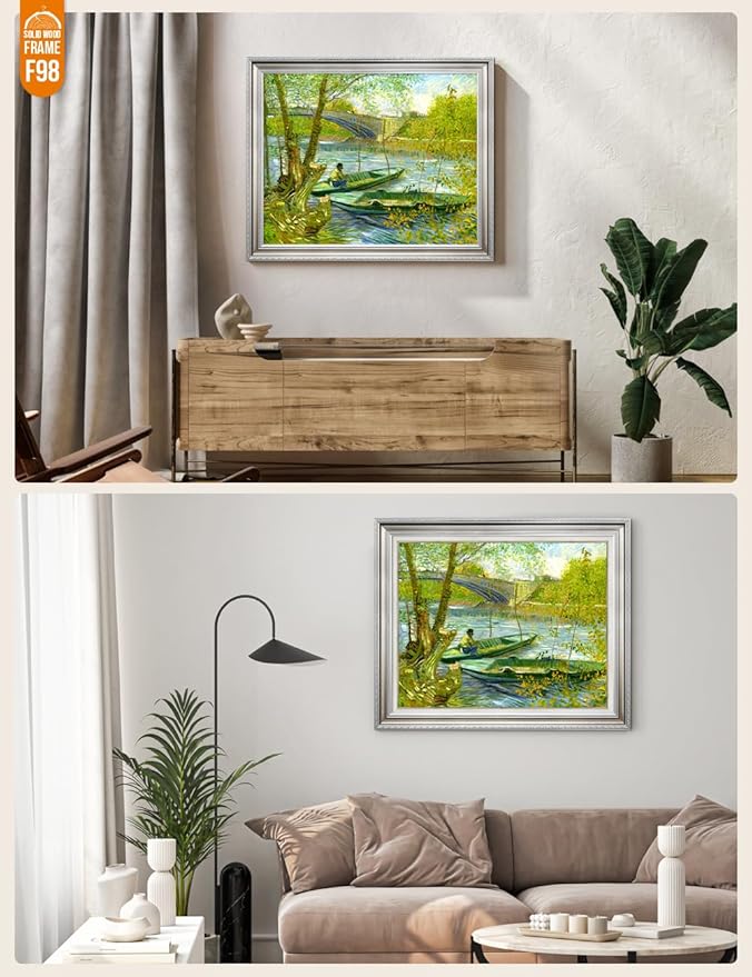DECORARTS - Fishermen And Boats From The Pont De Clichy, Vincent Van Gogh Art Reproduction. Acid Free Cotton Canvas Giclee Print w/Bronze Frame&Mat for Wall Decor.