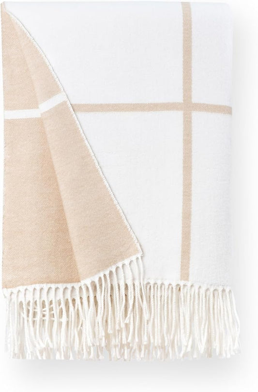 Hofdeco Premium Coastal Decorative Throw Blanket for Patio Couch Sofa, Neutral Tan Plaid with Fringe, 52"x71"