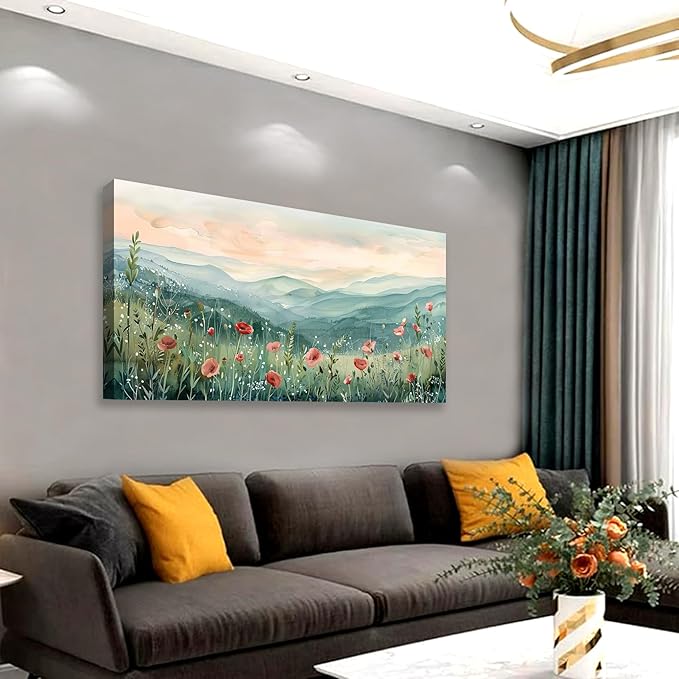 Tucai Decor Floral Landscape Canvas Wall Art 30 x 58 inches Poppies in Mountain Valley Home Decor Art Prints for Living Room Bedroom Office Ready to Hang