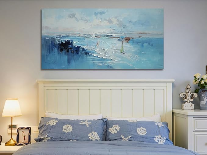 Ardemy Blue Abstract Wall Art Canvas for Living Room Coastal Sailboat Textured Bedroom Modern Teal White Artwork Framed Home Office Kitchen Dining Room Wall Decor, Large 48"x24"