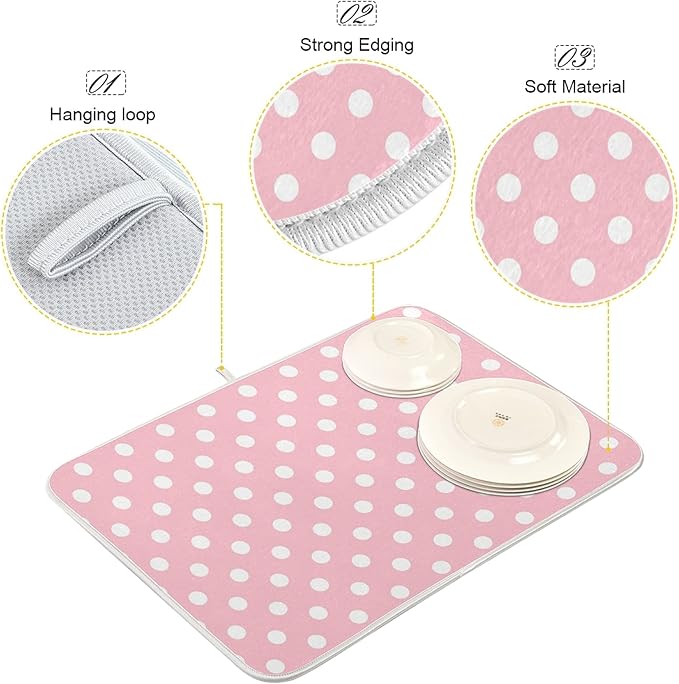 Pink White Polka Dot Dish Drying Mat for Kitchen Counter 18 x 24 Inch Absorbent Microfiber Valentines Dry Dishes Rack Mats Drainer Mat Dish Drying Pad for Countertops Decor