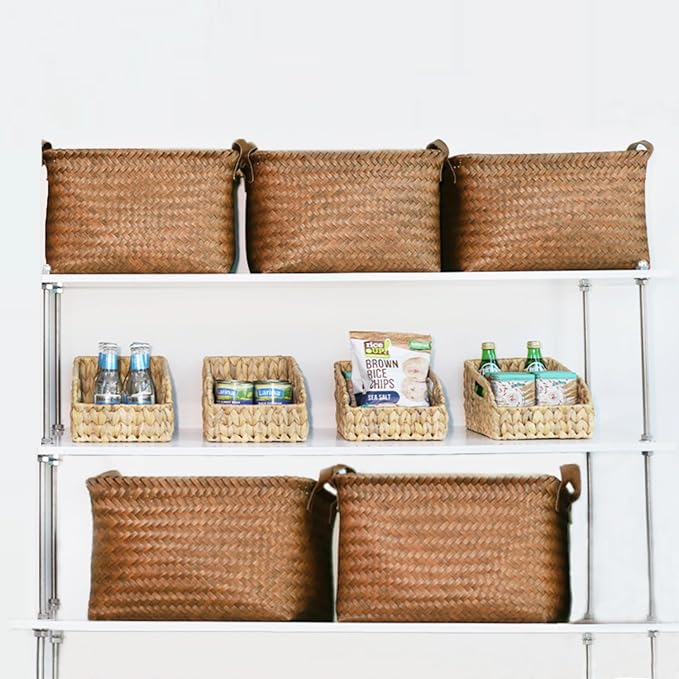 15L Laundry Baskets Waterproof Storage Baskets For Shelves Large Laundry Hamper With Leather Handle -set of 4 Cube Organizers Woven Bins for Bathroom,Bedroom,Pantry,Clothes,Car & Towels-Brown