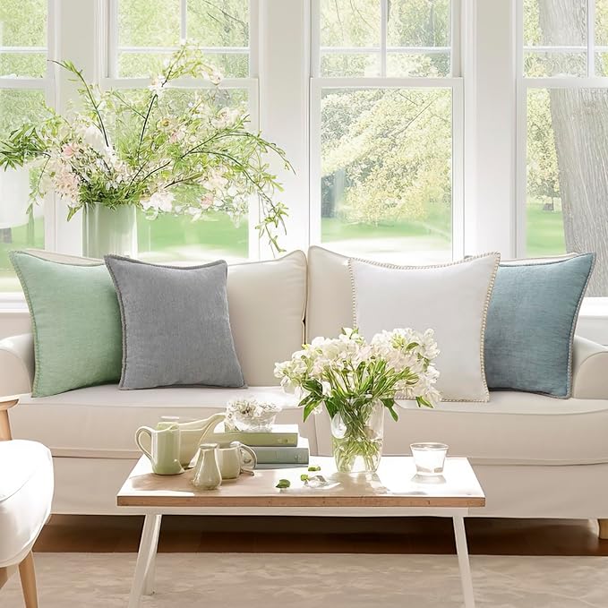 decorUhome Chenille Soft Throw Pillow Covers 12x20 Set of 2, Lumbar Velvet Farmhouse Neutral Decorative Euro Pillow Covers with Stitched Edge for Couch Sofa Bed Home Decor, Neutral Gray