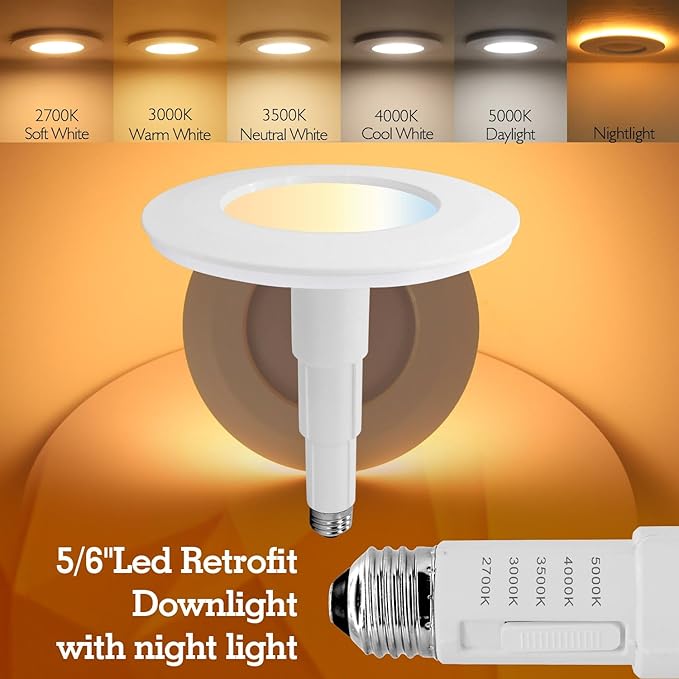 Soliseed 6 Pack 5/6 Inch 5CCT LED Can Lights with Night Light,Retrofit Recessed Lighting Selectable 2700K/3000K/3500K/4000K/5000K,12W=60W,800LM,Dimmable Can Lights,Easy Install