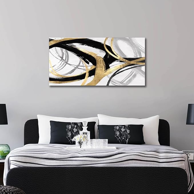 Kureful Gold Wall Decor - Black Canvas Wall Art for Living Room- Large Line Artwork - 20" x 40" Oil Painting Abstract Pictures for Bedroom Kitchen Home Office