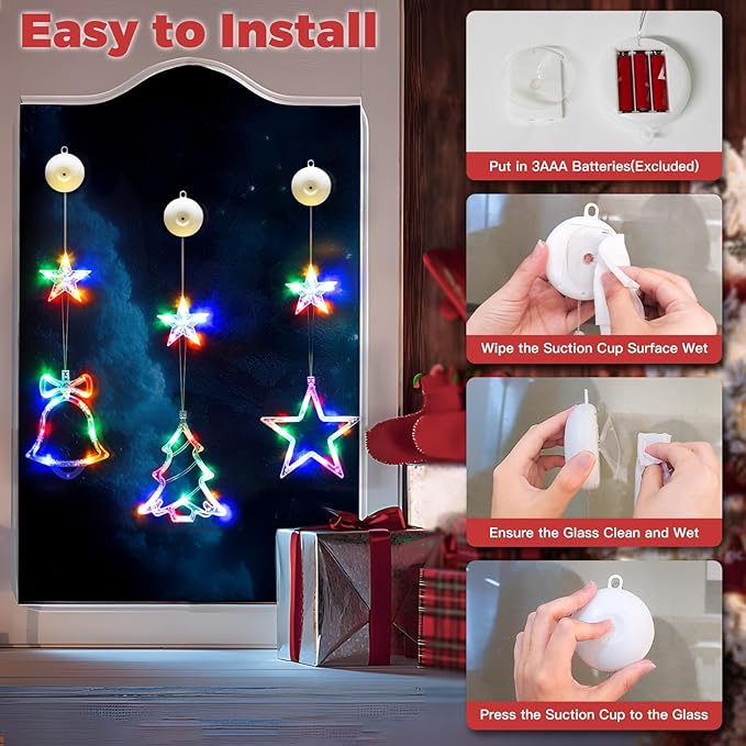 suddus Christmas Window Lights Decorations, 3Pcs Tree-Jingle Bell-Star Shaped Xmas Lights Battery Powered with Suction Cups & Timer, Hanging String Lights Indoor for Tree, Fireplace, Multicolor