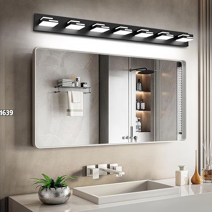 LED Modern Bathroom Vanity Light Fixtures, 7-Light 48-inch Dimmable Matte Black Vanity Lights for Bathroom Lighting Fixtures Over Mirror, with 350° Rotatable Acrylic Heads (Cool White 6000K)