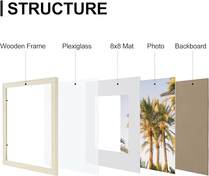 Vittanly 12x12 Picture Frames Set of 9, Shatter Resistant Plexiglass, Display 8x8 Pictures with Mat or 12x12 without Mat, Photo Frames for Wall Mount, Engineered Wood, Cornsilk