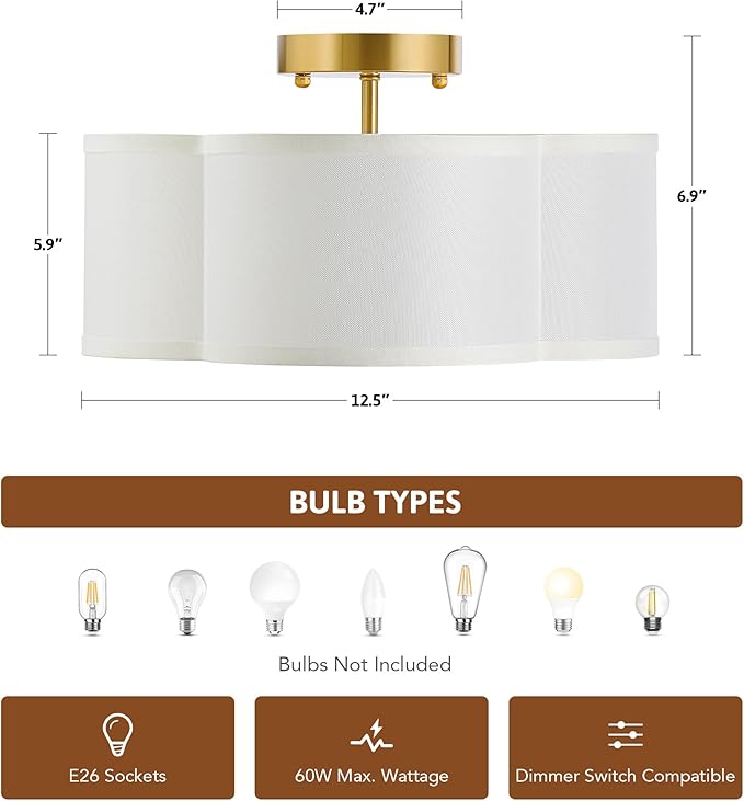 VONLUCE Semi Flush Mount Ceiling Light, 13" Ceiling Light Fixture with Four Leaf Clover-Shaped, 4-Light Modern Light Fixture for Bedroom Living Room Nursery Hallway, White Shade & Gold Finish