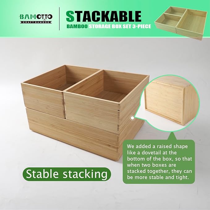 3-Piece Large Bamboo Storage Box Set, 3.1 in High Stackable Deep-Drawer Organizer for Kitchen Cutlery, Cookware, Utensils & Knives, Exquisite Durable Lidless Wooden Bin (14.6"x10.2"*1+10.2"x7.3"*2)
