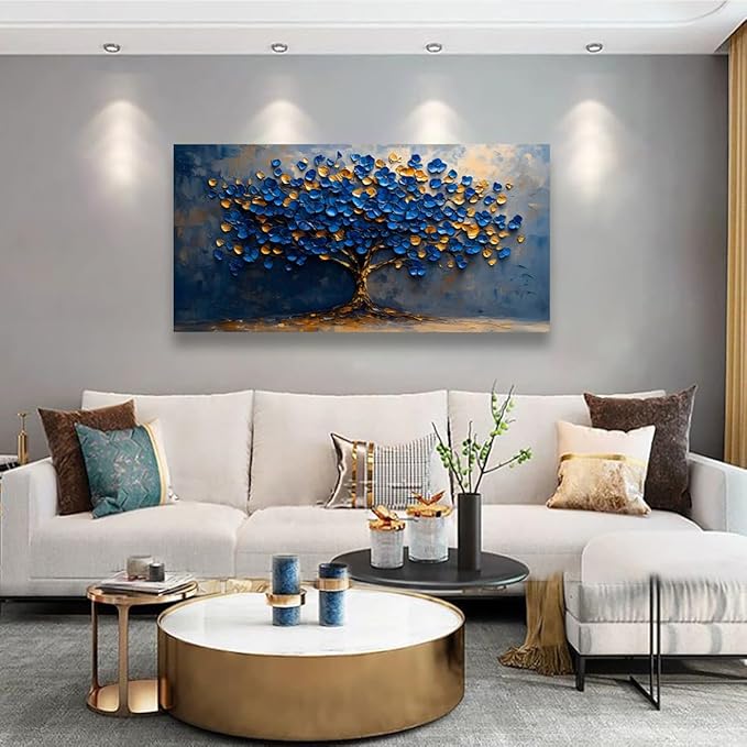 Abstract Tree Canvas Wall Art Bedroom Wall Decor Living Room,Tree of Life Wall Art Office Kitchen Paintings Artwork Modern Blue Yellow Leaves Pictures Art Prints Waterproof Ready to Hang-20x40inch