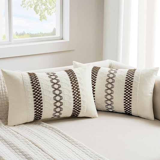 MIULEE Set of 2 Dark Brown Boho Decorative Lumbar Pillow Covers 12x20 Inch Farmhouse Rustic Couch Throw Pillows Modern Cotton Cushion Covers Retro Cute Macrame Woven Home Decor for Bed Sofa Chair