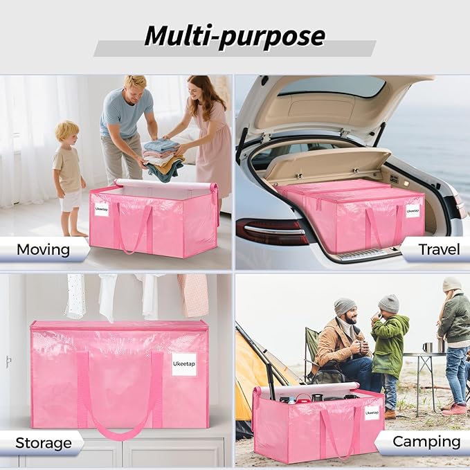 8 Pack Extra Large Heavy Duty Moving Bags, Pink Storage Bins with Lids, Reinforced Handles & Heavy-Duty Zippers Moving Boxes Storage Bags Totes for Clothes Packing, Dorms, College Supplies, Pink