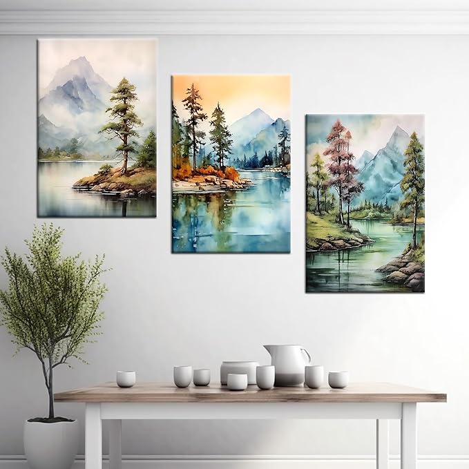 Forest Canvas Wall Art Home Decor 3 Piece Wooden Framed Landscape Watercolor Mountain Green Trees Painting Poster HD Picture Print Artwork for Bedroom Living Room Hotel Ready to Hang [48''Wx24''H]