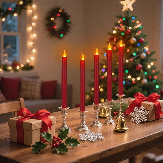 6 Pcs Burgundy Flameless Taper Candles with Remote, 10" White Battery Operated Led Candlesticks with Flickering 3D Flame, Fake Taper Candles for Halloween Anniversaries Dinner Home Décor