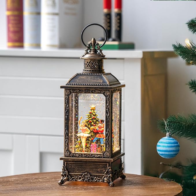 Christmas Snow Globe Lantern Water Glittering Nutcracker Ballerina with Music & Timer, USB Lined/Battery Operated Lighted Lantern for Christmas Festival Decoration Gifts