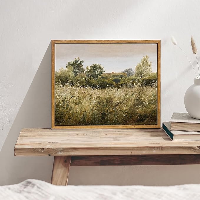 KBKBART Framed Canvas Wall Art, Vintage Meadow Landscape Wall Art Prints, Retro Country Wildflower Field Farmhouse Wall Decor Ready To Hang for Bedroom, Bathroom, Living Room, Kitchen, Vintage Room