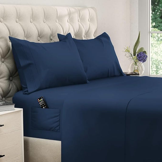 DREAMCARE Twin XL Sheet Set - Cooling Bed Sheets - 4pc Set - up to 15" Deep Pocket Twin XL Sheets - Soft & Long Lasting 100% Fine Brushed Polyester with Side Pocket - Navy Blue