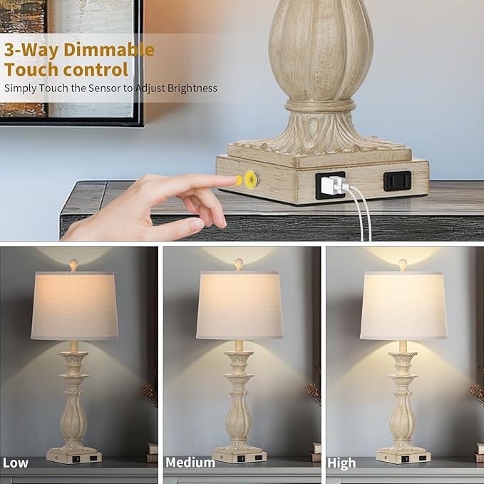 28" Farmhouse Table Lamps Set of 2 for Living Room, 3 Way Dimmable Bedside Lamp with USB C+A Ports & AC Outlet, Resin Vintage Tall Nightstand Lamps for Bedroom Office Hallway, Beige