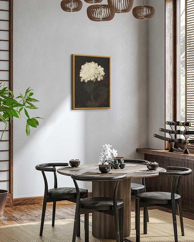 KBKBART Framed Wall Art Vintage Wall Art Room Decor, White Hydrangea Still Life Flower Canvas Oil Painting Prints, Classical Floral Wall Decor, Bedroom Bathroom Pictures Artwork（12“x16