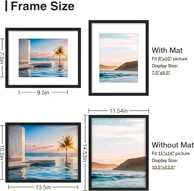 Vittanly 11x14 Picture Frame Set of 2, Display Photo 8x10 with Mat or 11x14 without Mat, Plexiglass, Wall Gallery Frames for Artwork, Vertical or Horizontal Display, Black