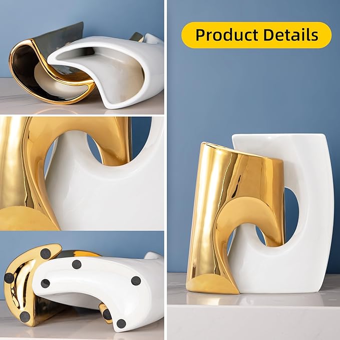 Gold and White Vases Set of 2, Ceramic Flower vase for Pampas Grass, Modern Gold Vases Home Decor, Nordic Snuggle Hollow Boho vases Table Centerpieces