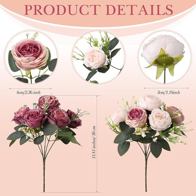 Geosar 8 Bundles Artificial Peonies Flowers Fake Silk Peony Bouquet Faux Peonies Flowers Bulk for Decoration Vase Florals Arrangements Wedding Party Table (Dusty Pink,Dusty Rose)