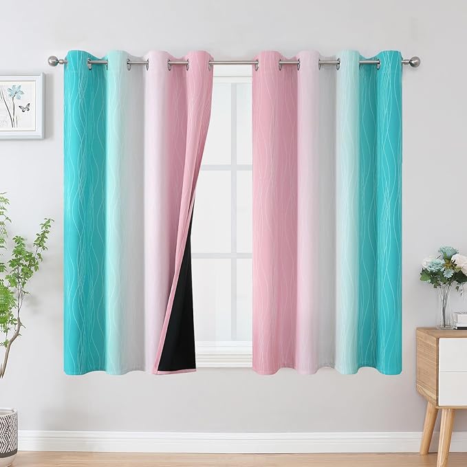 Estelar Textiler Pink and Teal Blackout Curtains 54 Inch Length, Full Light Blocking Gradient Grommet Drapes for Living Room, Thermal Insulated Ombre Curtains for Bathroom, 52Wx54L, 2 Panels