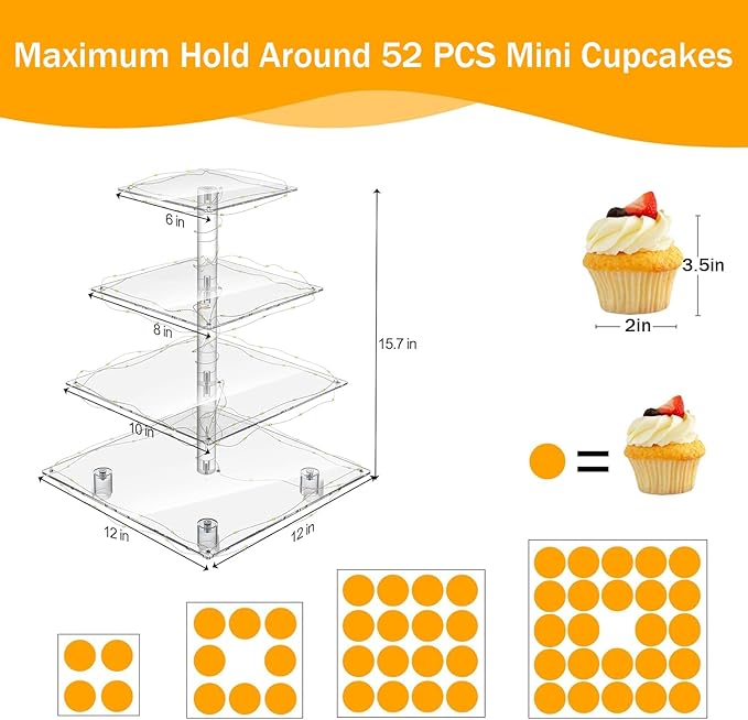 YestBuy 4 Tier Cupcake Stand Acrylic Tower Display with LED Light Premium Holder Dessert Tree Tower for Birthday Cady Bar Décor Weddings, Parties Events (Yellow Light)