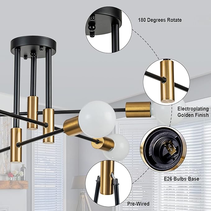 6-Light Modern Sputnik Chandeliers, Black Gold Semi Flush Mount Ceiling Light Fixture, Industrial Farmhouse Kitchen Lighting Fixtures Ceiling Mount for Living Room Bedroom