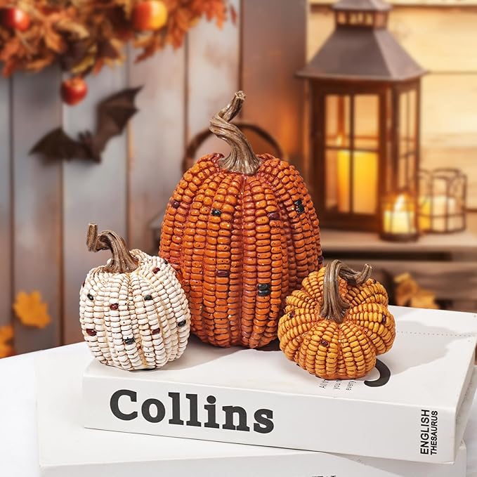 Briful Fall Decorative Corn Pumpkin Set – 3-in-1 Resin Pumpkins Harvest Décor Fake Corn Pumpkins Centerpiece for Thanksgiving Table Tiered Tray Outdoor Autumn Decorations