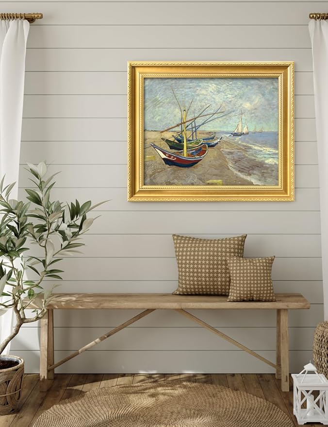 DECORARTS - Boats at Saintes Maries by Vincent Van Gogh. Giclee Print on Acid-Free Canvas in Gold Solid Wood Frame. Picture Size: 20x16, Total Size: 24.75x20.75, Made in USA