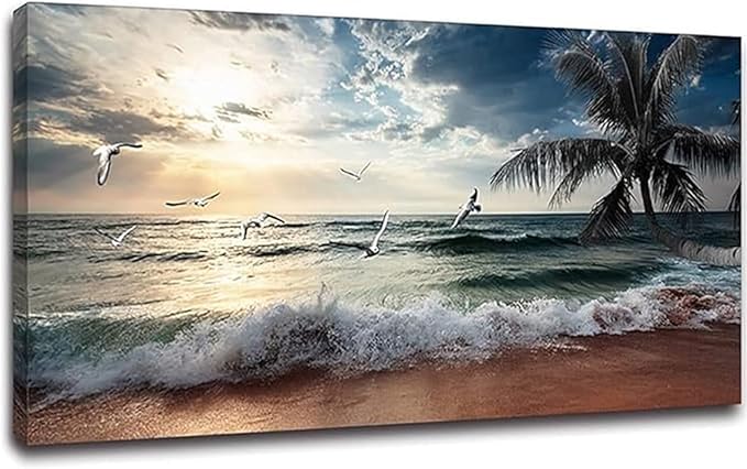 Yxbhhym Large Beach Ocean Canvas Wall Art Coast Sunset Sea Paintings Poster Seascape Picture Palm Artwork for Living Room Bedroom Home Decorations Wall Room Decor Modern Framed 24x48inches