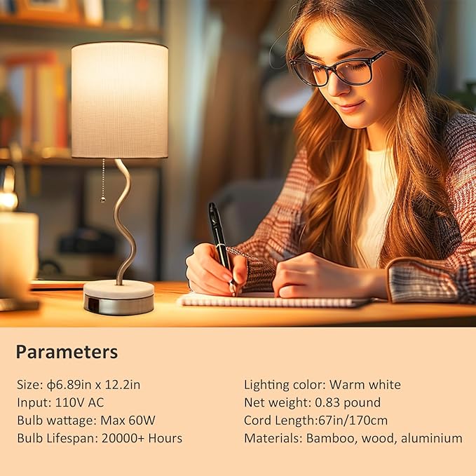 Marble Base Table Lamp - Modern Bedside Lamp with USB Port & Pull Chain, Lamp for Bedroom, Living Room, or Office - Elegant Marble and Metal Design