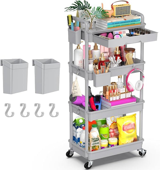 Goovilla 4 Tier Rolling Utility Cart Organizer with Removable Drawer, Stable and Sturdy Grey Rolling Storage Carts with 2 Lockable Wheels for Bathroom, Kitchen, Snack, Craft, Makeup, Baby Essentials