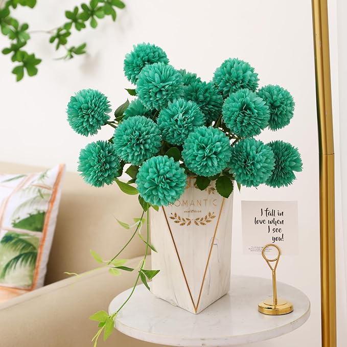 Floweroyal 24pcs Teal Flowers Artificial Chrysanthemum Ball Silk Hydrangea Flowers Bridal Wedding Bouquet for Home Garden Party Office Coffee House Decoration