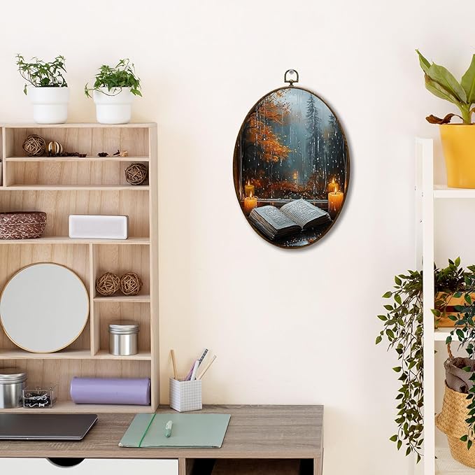 JQF Dark Academia Fall Rainy Oval Wall Art, Cottagecore Rainy Fall Candle Oval Canvas Wall Art, Dark Academia Bookish Framed Prints Hanging Decor for Home Bedroom Reading Room Library, 8.5x11.5 Inch