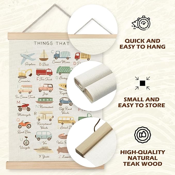 Supwhd Classroom Wall Decor, Vehicle Alphabet Wall Art Poster, Alphabet ABC Educational Poster Wall Art for Toddler Kids Room Playroom Classroom Preschool Decor, 12x16