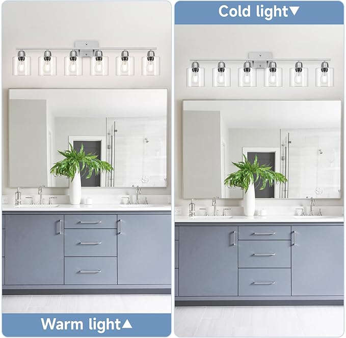 Brushed Nickel Vanity Light, 6 Light Bathroom Lighting Fixtures Over Mirror with Clear Glass, 38 inch Bathroom Light for Oversized Mirrors, E26 Socket