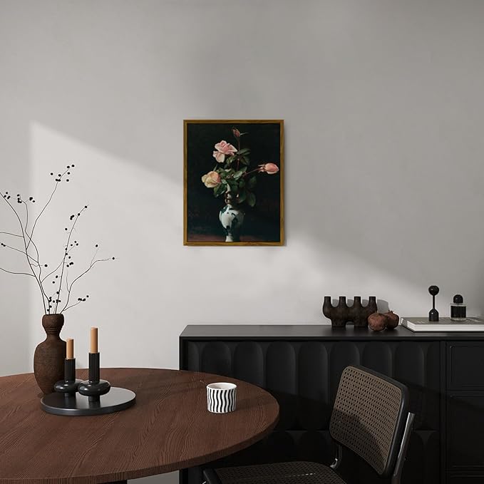 crmotu Vintage Framed Wall Art, Classical Vase Roses Canvas Painting, Still Life Floral Botanical Prints, Flower Dark Academia Pictures Wall Decor Living Room Bedroom Desktop Kitchen Artwork 12x16in