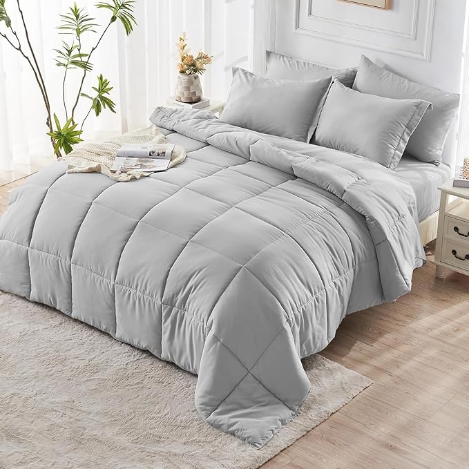 JOLLYVOGUE Twin XL Comforter Set, Ultra-Soft Bed in a Bag Twin XL Size 5 Pieces, Oeko-TEX Certified Bedding Set with Down Alternative Comforter, Sheets, Pillowcases & Shams, Light Grey