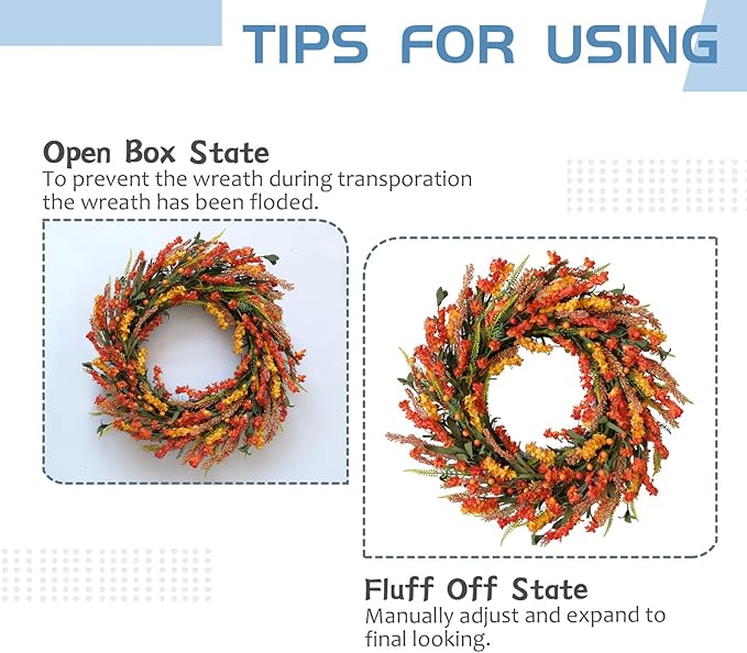 22 Inch Fall Flower Wreath for Front Door, Autumn Yellow Orange Forsythia Flower Indoor Outdoor Wreath with Berries Foam Leaves