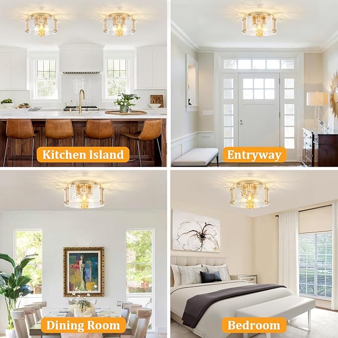 TOULMJ 15'' Semi Flush Mount Ceiling Light, Gold Morden Hallway Light Fixture 3-Light Ceiling Light Fixture with Seeded Glass Shade for Dining Room Hallway Entryway Bedroom Laundry Room