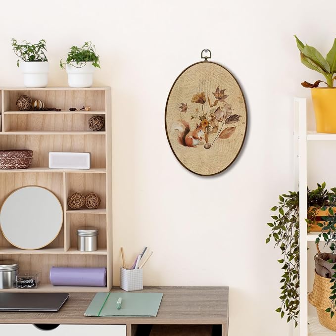 JQF Vintage Fall Squirrel Oval Wall Art, Farmhouse Autumn Floral Squirrel Oval Canvas Wall Art, Retro Rustic Fall Animal Framed Prints Hanging Decor for Home Bedroom Living Room, 8.5x11.5 Inch